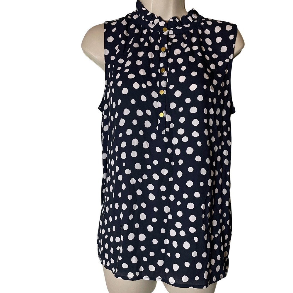 LOFT Polka Dot Ruffle Neck Sleeveless Blouse Blue Gold Buttons Small Office